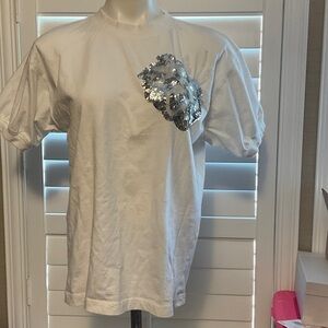 White Short Sleeve Tee with Silver Sequin Design